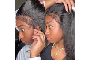 ROMFACE 13x4 Perruque Bresilienne Yaki Lace Wig Human Hair Perruque Femme Naturelle Brésilien 180% Density Yaki Cheveux Humain Pré-plumé Kinky Straight Human Hair Wig With Edges Hairline 20 Pouces