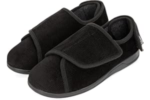 HomeTop Men's Corduroy Slippers Comfy Adjustable Hook and Loop Memory Foam Wide Indoor House Shoes for Diabetic Swollen Feet