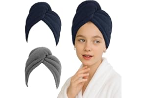 kaiyaya 2 pièces Serviettes à Cheveux en Microfibre absorbantes Serviette Sechage Rapide avec Boutons Doux et Anti-frisottis pour la tête et Les Cheveux Longs Tous Types