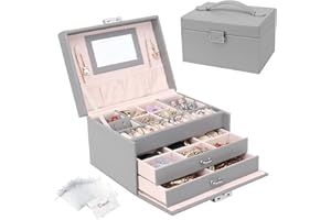 CASIWAFT Jewellery Box Organiser, 3 Layers PU Leather Jewelry Storage Case with Mirror and Lock, Lockable Jewellery Organiser with 2 Drawers for Rings, Bracelets, Earrings, Grey