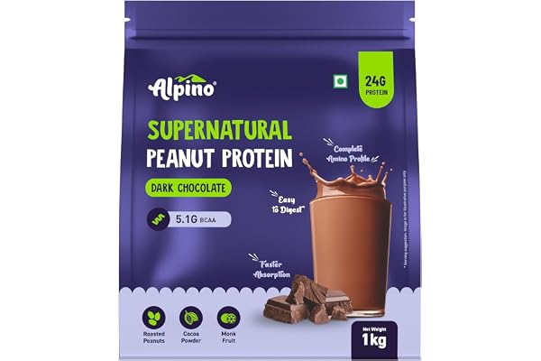 ALPINO Supernatural Peanut Protein Powder Dark Chocolate 1kg Roasted Peanuts, Cocoa Powder & Monk Fruit - 24g Protein, 5.1g BCAAs, No Added Sugar - World s First Peanut Protein Isolate