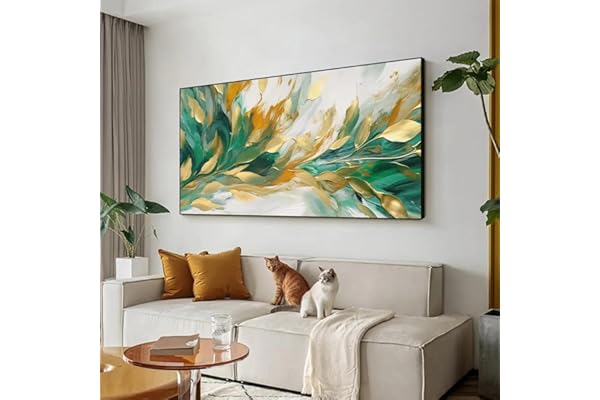 JACBON Peinture à l'huile abstraite sur toile avec feuilles dorées, décoration murale faite à la main, plante verte, décoration murale de salon, grand art mural moderne, 75 x 150 cm, sans cadre