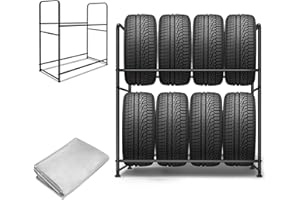 UISEBRT Scaffale Portagomme in Acciaio per 8 Pneumatici, Struttura in Acciaio, Supporti per Cerchioni per officina, garage, magazzino, 2 ripiani, portata 180 kg, 107 x 46 x 117 cm