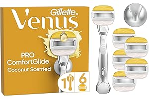 Gillette Venus Pro ComfortGlide Rasoio Da Donna, Al Profumo Di Cocco, 6 Lamette Di Ricambio, Lamette Donna Adatte a Depilazione Intima, Manico In Metallo Riutilizzabile E Gancio Per Doccia
