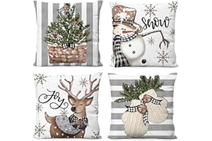 KEIROUTK Christmas Decorations Christmas Cushion Covers 18x18 Inch Grey White 45 x 45cm Set Of 4,Xmas Cushion Covers Stag Snowflake Decorations Throw Pillow Cover Party Family Winter Decor Throw Pillow Cover