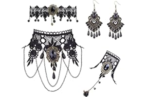 LOLIAS Halloween Collier Ras de Cou Dentelle Noire Bracelet Boucles d'oreilles pour Femmes Vampire Collier Ras de Cou Lolita Gothique Vintage Victorien Boucles d'oreilles pour Costume de Noël
