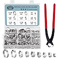 HSEAMALL 180PCS Stainless Steel Single Ear Hose Clamps with Hose Clip Pliers,9 Sizes 6-25.6 mm Pipe Hose Clamp Fuel Line Clip
