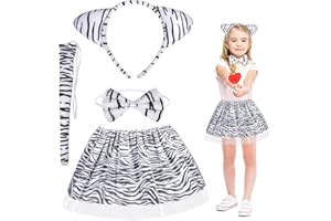 Fennoral 4pz Set Costume Zebre Bambina Costumi Animali Bambini Costume per Travestimento da Zebra -Fascia Zebre Papillon Coda Tutù Tulle-per Carnevale Travestimento Imitazione Cosplay Festa Regalo