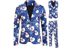 RTGSE Mens Christmas Printed Suit Outfits 3 Piece Suit Long Sleeve Blazer+Vest+Trousers 3Pcs Pants Sets for Holiday Party