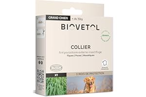 Biovetol - Collier Anti puces pour Chien Naturels d'origine Végétale- Protection 3 Mois- Réglables et Imperméables pour Moyens et Grands Chiens (+15kg) - 75cm