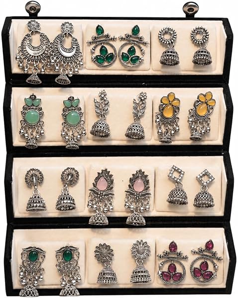 HEERANGAN Oxidised Silver Plated Earrings Combo Set With Box for Women & Girls | 12 Pair Traditional Jhumka Chandbali Stone Studded Boho Ethnic Earrings Collect