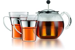 Bodum K1801-16CAR ASSAM SET Théière à piston couvercle et filtre inox 1.0 l, avec 2 tasses en verre anse inox, 0.35 l