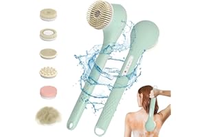 Emooncn 6 in 1 Electric Body Brush Set for Showering Rechargeable Shower Brush for Body with Long Handle, Electric Bath Scrub Brush Kit with 7 Spin Brush Heads Waterproof Silicone Facial Brush (Green)