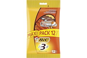 BIC 3 Sensitive, Men's Triple-Blade Sensitive Razors, Fixed Head for a Soft Shave, Pack of 12 Disposable Razors