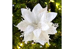 ‎GL-TURELIFES GL-Turelfies 12 STK. Glitzer Weihnachtsblumen (15cm/5,9'') mit 12 STK. Clips Künstliche Weihnachtsstern Blumen Weihnachtsbaum Blumenschmuck Weihnachtsbaum Ornamente (Weiß)