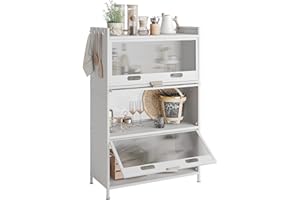 ‎NETEL NETEL Rostfreies 4-stufiges Küchenregal Stehend, Küchenschrank mit Rollen und Füße, Mikrowellenschrank, Bäckerregal, Standregal, Lagerregal für Küche Wohnzimmer mit Sichtbare Türen, Vintage, Weiß