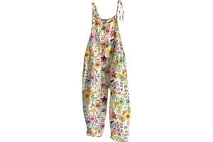 Ni_ka Combinaison Femme Chic Imprimé Fleurie Lin Combinal Boheme Combinaisons Et Combishorts Vintage Bretelles Fines Jumpsuit sans Manches Salopette Blanc Taille S à 3XL, Jaune, L, (Ni_kapants44658)