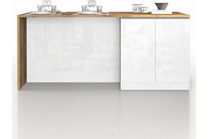 WHOUS Isola Cucina SOLE con 4 Ante, Tavolo da Pranzo e Piano di Lavoro, Ideale per Open Space e Spazi Ridotti, 200x90x90 cm, Bianco Lucido e Rovere