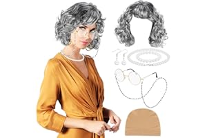 XEPST World Book Day Fancy Dress Old Lady Wig Costume Set - 7PCS Old Lady Fancy Dress Accessories Set with Granny Wig Glasses Faux Pearl Necklace Bracelet Earrings for Halloween Cosplay Carnival