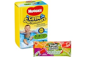FANCY LABELS Swim Nappies Bundle with Huggies Little Swimmers Disposable Swim Nappies, Size 3-4, Pack of 12 Nappies and Fruit Shoot Squeezee No Added Sugar Freeze Pops (12x45ml) 540ml