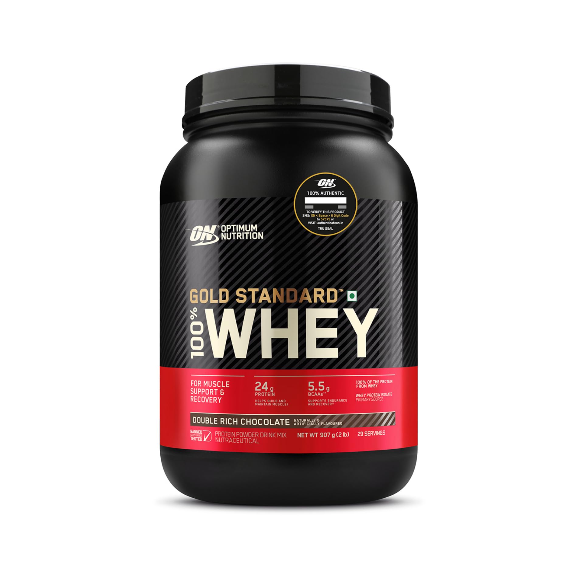 Optimum Nutrition (ON) Gold Standard 100% Whey (2 lbs/907 g) (Double Rich Chocolate) Protein Powder for Muscle Support & Reco