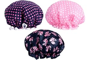 KISSDATE PrettyDate 3 Packs Double layer Shower Cap Waterproof Elastic Bath Cap for Women Shower Spa Salon