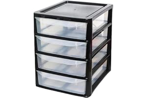KYY'Z A4 Plastic Slim Storage Drawers Tower Unit Office Desktop Tabletop Home School Garage Portable Desk Organizer 2|3|4|6|8 Tiers (A4 Plastic Small Black/Clear) (Black/Clear, A4 Slim 4 Drawers)