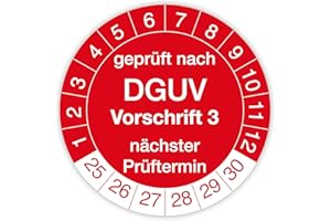 ‎IH ENGINEERING BV Prüfplakette „Geprüft nach DGUV Vorschrift 3“ – 140 Stück – Selbstklebende, UV-beständige und wetterfeste Prüfetiketten für Betriebsmittelprüfungen, Inspektionen, Leitern und Tritte (Ø 30 mm, Rot)