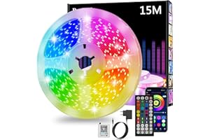REALKY Led Strip 15m, RGB Led Streifen, Bluetooth Smart Led Band Selbstklebend, Led Leiste mit Fernbedienung und APP, Led Lichtband Dimmbar, Musik Sync, Timer-Einstellung für Gaming Zimmer, Küche, Party…