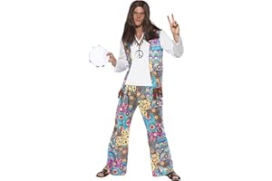 Smiffys Groovy Hippie Costume, Multi-Coloured Top with Attached Waistcoat, Trousers and Headband, 1960's Groovy Fancy Dress, Adult Dress Up Costumes
