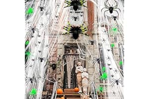 WEIPAI Decorazione di Halloween Decorazione a ragnatela, 1000+ metri quadrati di ragnatela elasticizzata con 70 pezzi di ragni finti （con 4 grandi ragni dipinti + 13 luminosi + 53 ragni finti neri）