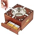 natureCRAFTS Wooden Cigarette Ashtray, Sheesham Wood Ash Tray with Drawer Smoke Ash Holder Tabletop Ash Catcher for Outdoors and Indoors with 4 Cigarette Holder Slots, Brown, 1 Piece, size: 4.5 inch