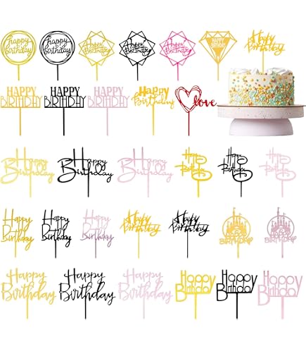 Decoración Para Tartas De Cumpleaños – Set De 12 Toppers De Acrílico – Colores Dorado, Plateado, Negro Y Rosa – Diseños De Letras, Estrellas Y Corazones