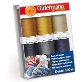G&uuml;termann Creativ Sewing Thread Set with 6 Bobbins Denim 100 m Thread in the Typical Colours of Cowboy Stitching