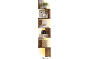 VASAGLE Wall Mounted Corner Shelf with RGB LED Lights, 5-Tier Floating Corner Bookshelf, Plant Shelf, for Bedroom, Living Room, Bathroom, Office, Button and Remote Control, Rustic Brown LBC630K01