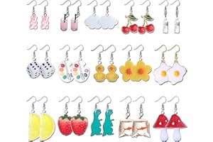 Finrezio 16 Pairs Cute Weird Earrings Funny Dangle Drop Earrings for Women Creative Drop Quirky Earrings Candy Fruits Strawberry Heart Y2k Earring Set