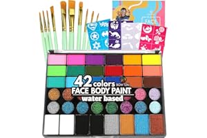 Bowitzki Face Paint Kit,Water Based Non Toxic Face Paint Palette with 24 Colors,16 Glitters, 32 Stencils & 10pcs Brushes, Professional Body Face Paint Makeup For Party,Halloween,Carnival,Festival
