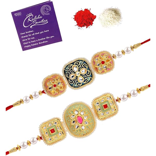 Kundan Rakhi Combo Set – 3 Designer Gold Plated Rakhis For Brother With Roli Chawal