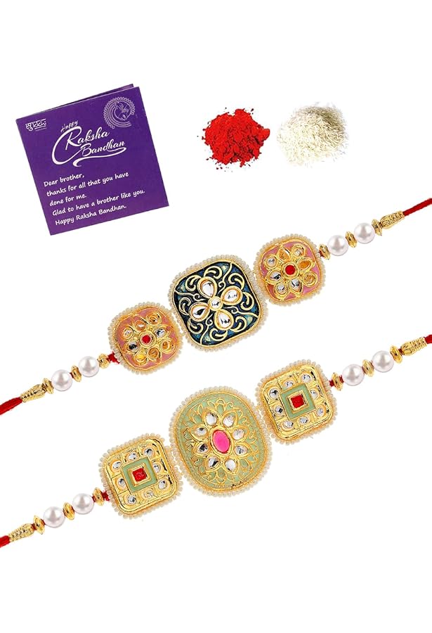 Sukkhi Premium Rakhi Combo Set For Brother - 2 Gold Plated Kundan & Pearl Rakhis With Meenakari, Roli Chawal & Greeting Card (CBRAK106943) - View #7