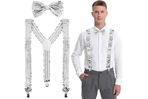 LQTSLFM Hosenträger Glitzer Set - 2 Stück Pailletten Hosenträger Mit Fliege, Y Clip - Kostüm Für Herren Und Damen - Neujahr, Karneval, Leistung