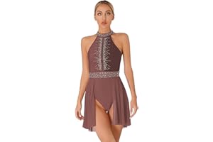 Jowowha Robe Danse Lyrique Femme Tulle Robe Danse Valse Tango Salon Compétition Col Licou Justaucorps Gymnastique Patinage Strass Brillant Spectacle Soirée Costume S-XXL