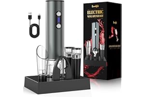 LESOLPH Tire bouchon electrique rechargeable inox, ouvre bouteille electrique idee cadeau anniversaire homme femme avec bec verseur aérateur, 2 bouchon vin vide air, coupe-fil et câble chargement USB