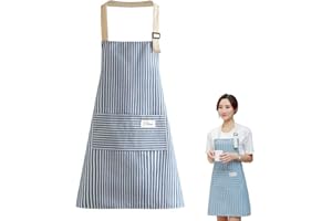 FAMIDIQGO Fartuch kuchenny damski, fartuch kuchenny z torbą, miękki, wodoszczelny, fartuch z bawełny i lnu, do gotowania, pieczenia, malowania, prac domowych (niebieskie paski), niebieski, XL