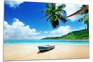 Wallario Herdabdeckplatte/Spritzschutz aus Glas, 2-teilig, 80x52cm, für Ceran- und Induktionsherde, Urlaub am Palmenstrand unter Palmen mit Fischerboot