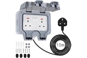 Chilymes Double Outdoor Socket with 10m Extension Lead, Outside Plug IP66 Waterproof 13Amp 2 Gang Switched Socket Cover, Wall Electrical Outlet Box…