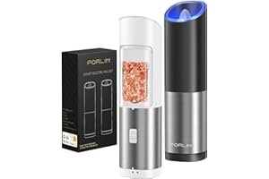 FORLIM Molinillo de Pimienta Automático con Grosor Ajustable,Funciona con una sola mano,para cocina,restaurante y barbacoa,Set de 2 (Negro + Blanco）