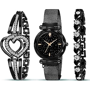 Acnos Brand - A Watch Analogue Plain Black Dial Magnet Watch With Gift Bracelet For Women Or Girls And Watch For Girl Or Women (Combo Of 3)