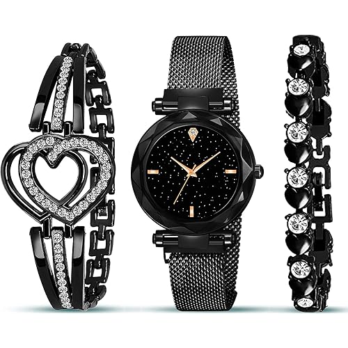 Acnos Brand - A Watch Analogue Plain Black Dial Magnet Watch With Gift Bracelet For Women Or Girls And Watch For Girl Or Women (Combo Of 3)