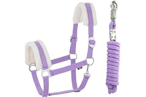 JA Horse Kunstfell Halfter Führstrick Set mit Panikhaken verstellbar Pferdehalfter Pferd Holzpferd Anbindestrick (Kunstfell Panikhaken Lavender, Cob)