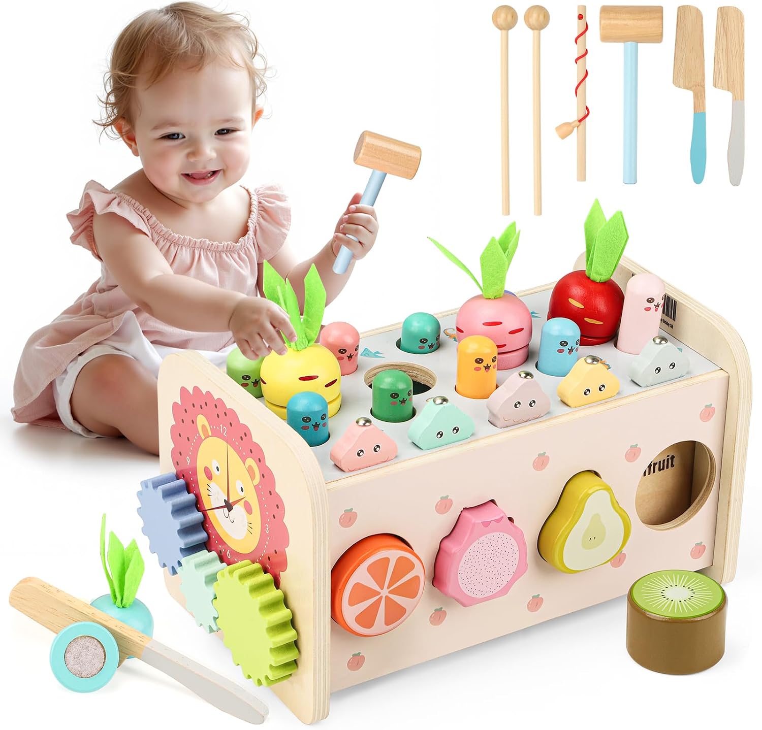 9 in 1 Juguetes Montessori Niña Niño, Cubos Actividades Madera Bancos con Martillo Juego de Pesca Frutas con Instrumentos Musicales Xilofono, Juguetes Sensoriales Educativos Regalo Cumpleaños Pascua